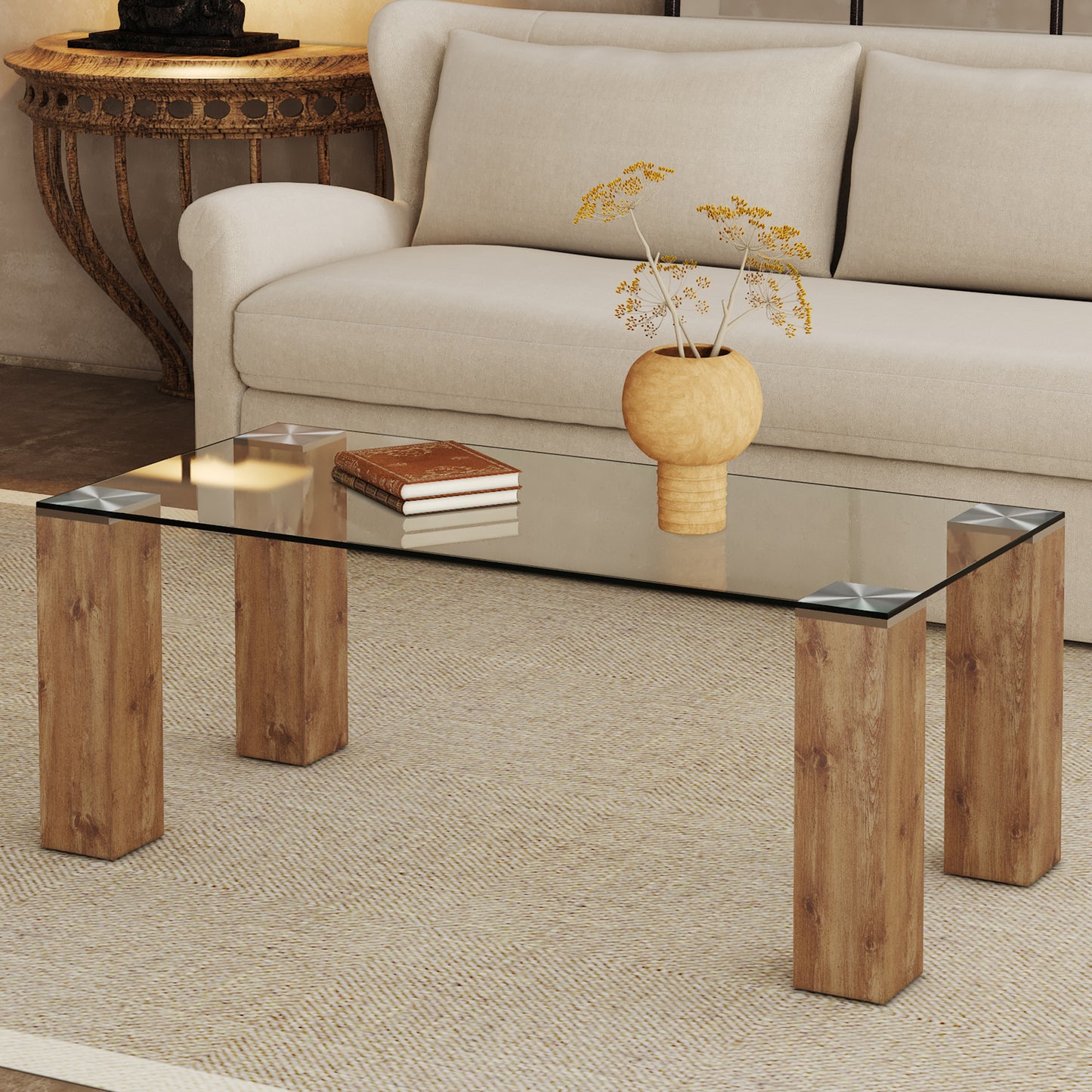 Glass-Top Coffee Table,tea table, with MDF Legs - Stylish Blend of Elegance and Durability 44.9"*21.7"*16.9"