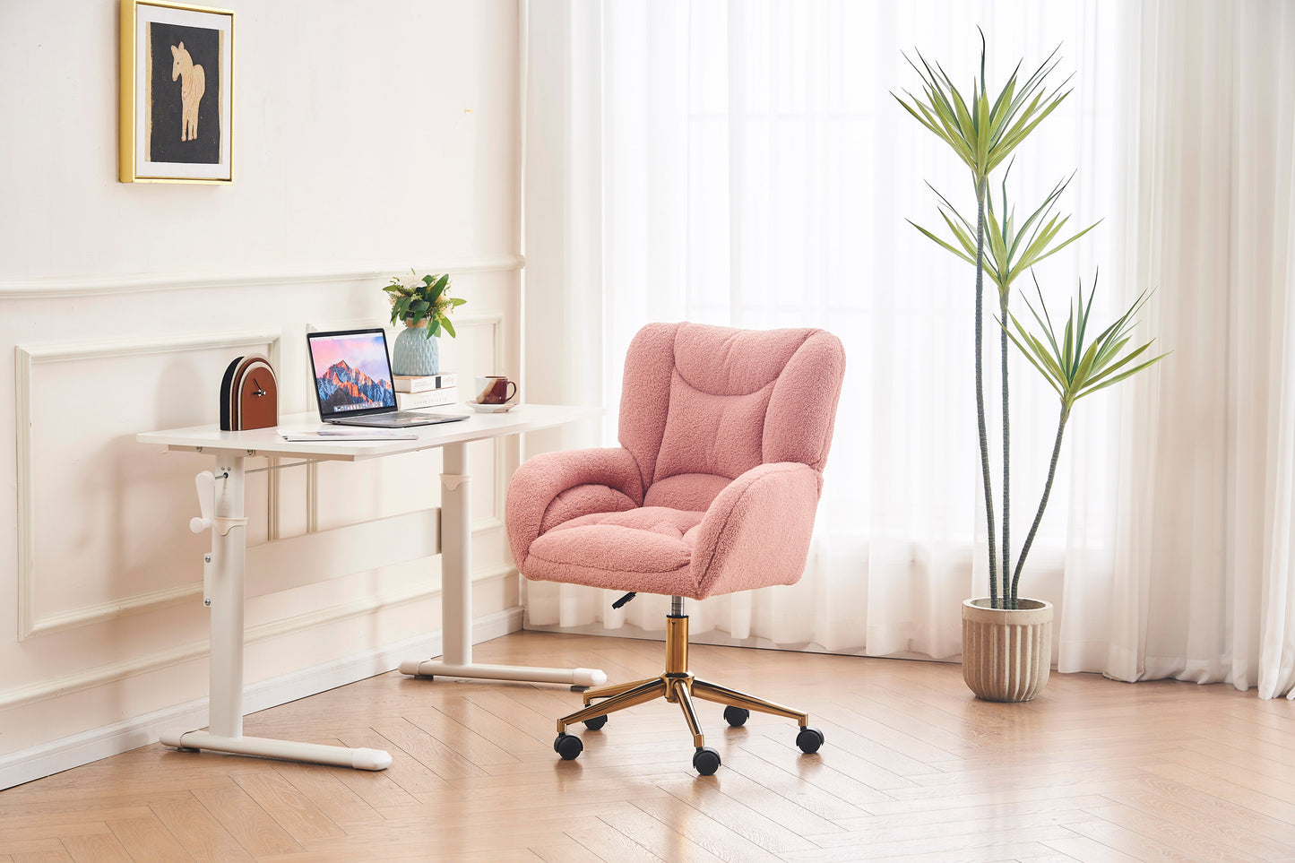 005-Teddy Fabric 360 Swivel Home Office Chair With Gold Metal Base And Universal Wheels,Pink