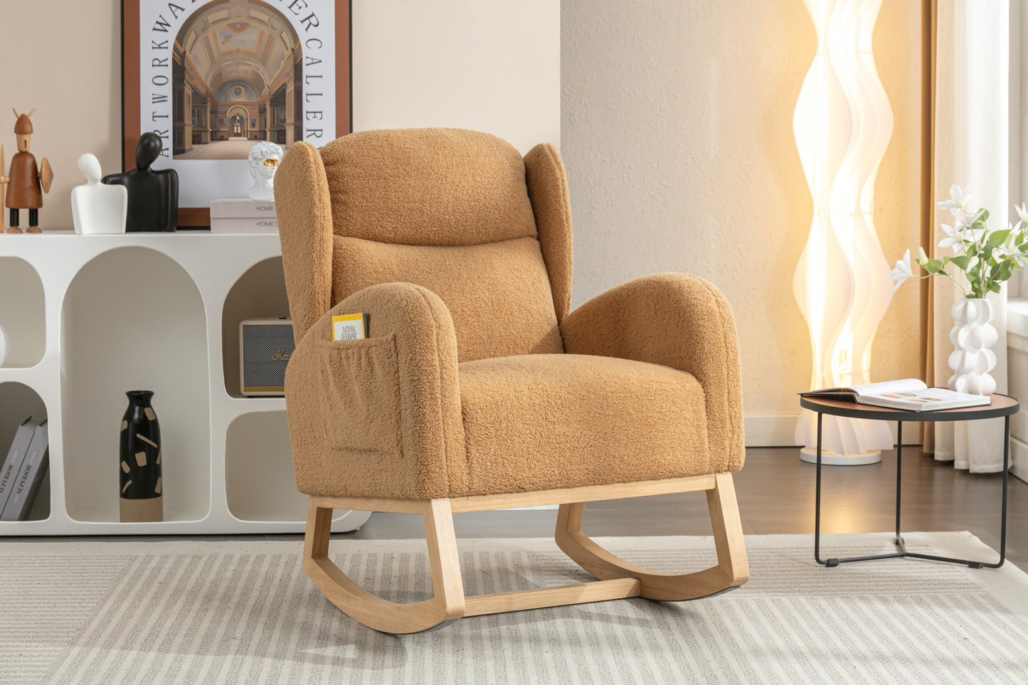 049-Teddy Fabric Rocking Chair With Packet Wood Legs,Khaki