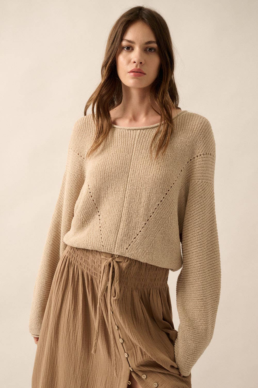 Solid Rib-Knit Dolman-Sleeve Sweater: Oatmeal