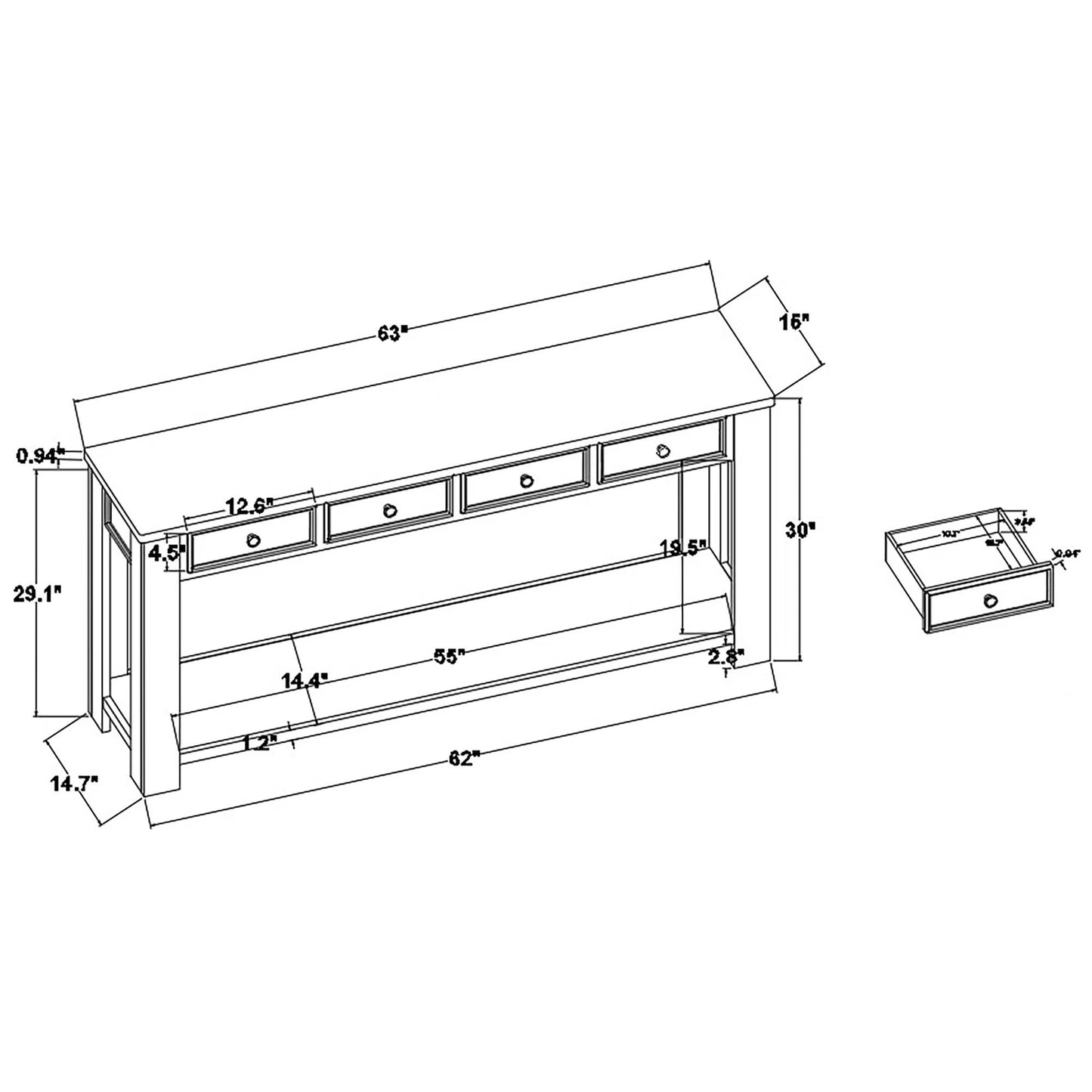63" Pine Wood Console Table with 4 Drawers and 1 Bottom Shelf for Entryway Hallway Easy Assembly 63 inch Long Sofa Table  (Antique White+ Brown Top)