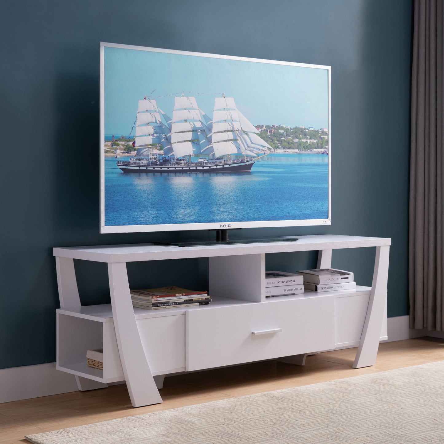 White TV Stand with Two Shelves, One Drawer, and Side Shelf Modern Entertainment Center for Media Storage