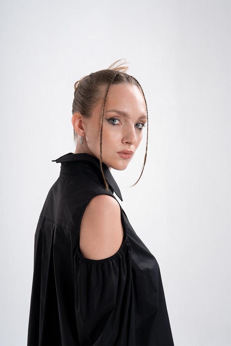 Quarta Open Shoulders Black Premium Poplin Shirt