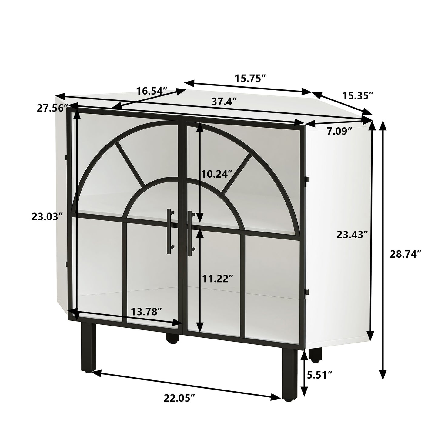 37.40"Glass Two-Door Hexagonal Corner Cabinet, for Corner of Living Room, Hallway, Study and Other Spaces, White