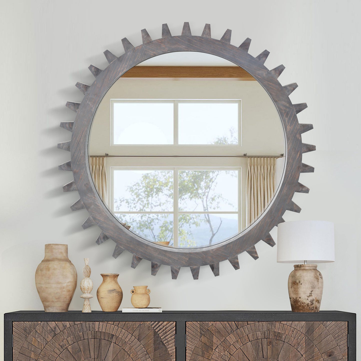 Vintage 42'' x 42'' Wood Round Hanging Gear Shape Heavy Decorative Mirror For Bathroom Living Room Entryway Or Put Together To Your Liking.(Antique Bark Brown)