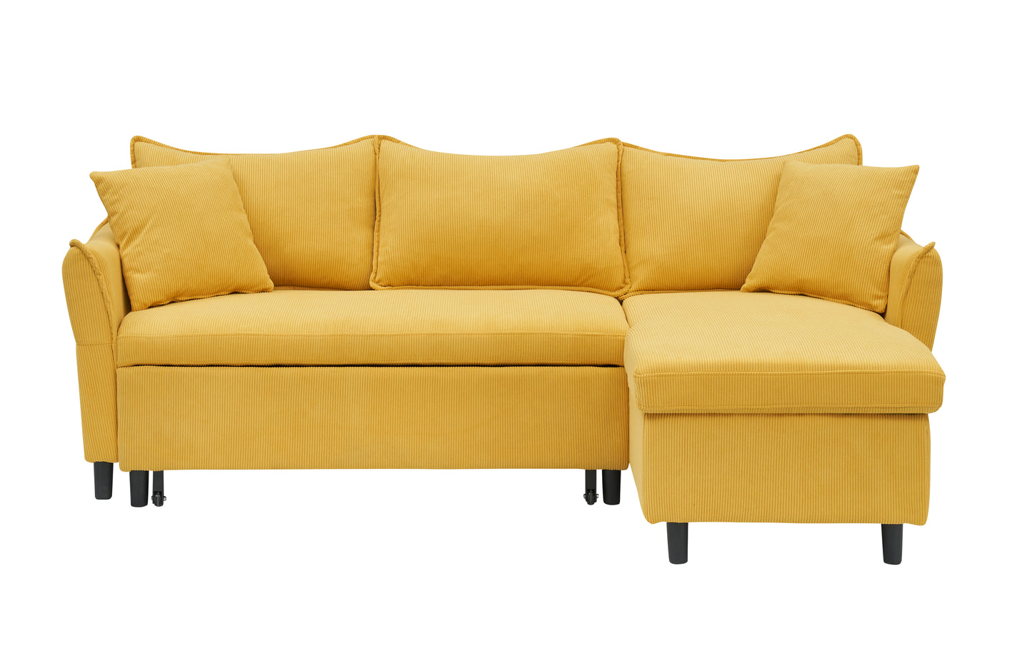 The 80-inch yellow corduroy L-shaped sofa comes with two small throw pillows that can be converted into a sofa bed for storage