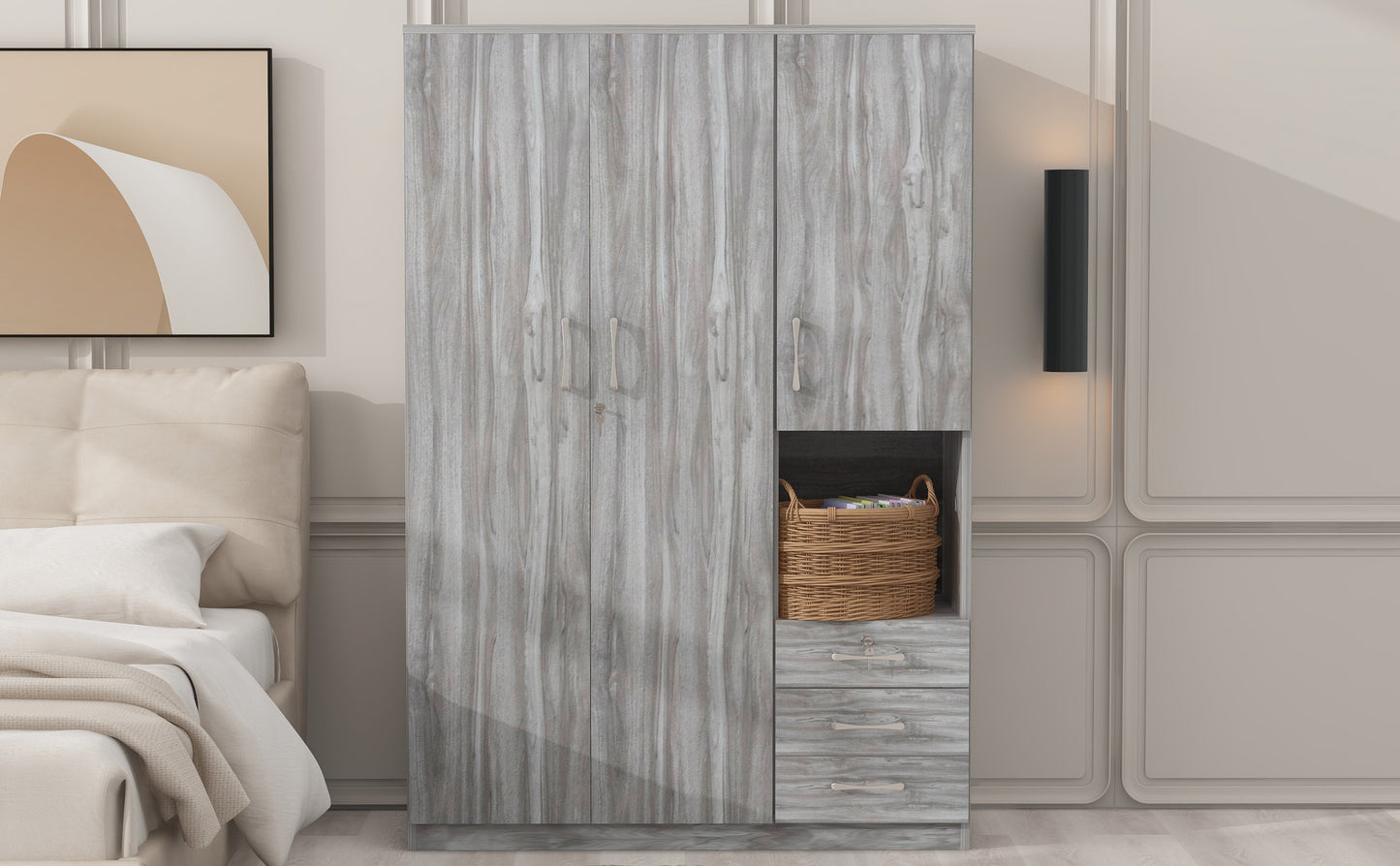 2-Doors Wooden Wardrobe Storage for Bedroom, with Shelves and 3 Drawers, Gray