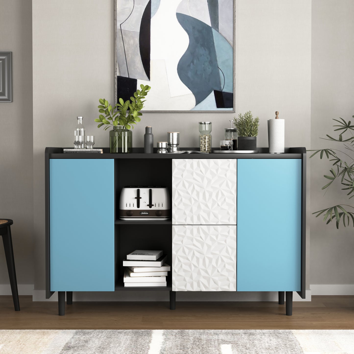 Sideboard Buffet Cabinet, Black Storage Cabinet with Blue Doors , 2 Drawers with unique panel styling and 2 Open Storage Compartment, Modern Coffee Bar Cabinet Accent Cabinet for Kitchen, Dining Room,