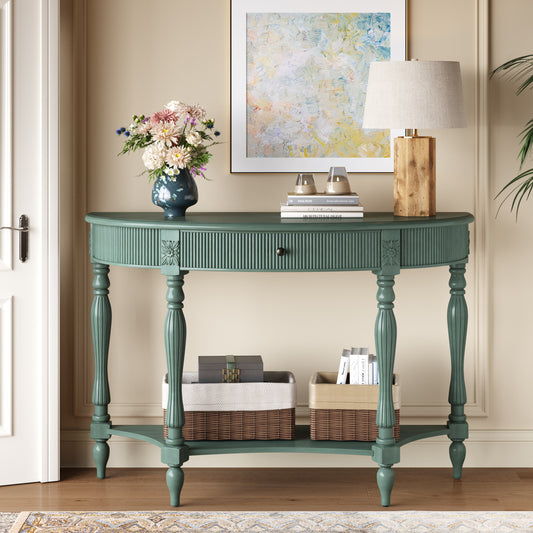 Solid Wood Half Moon Console Table with Drawer & Shelf, Fluted Vintage Curved Entryway Table for Hallway Living Room Foyer, Narrow Space Sofa Table with Roman Column Carved Legs, Rustic Green