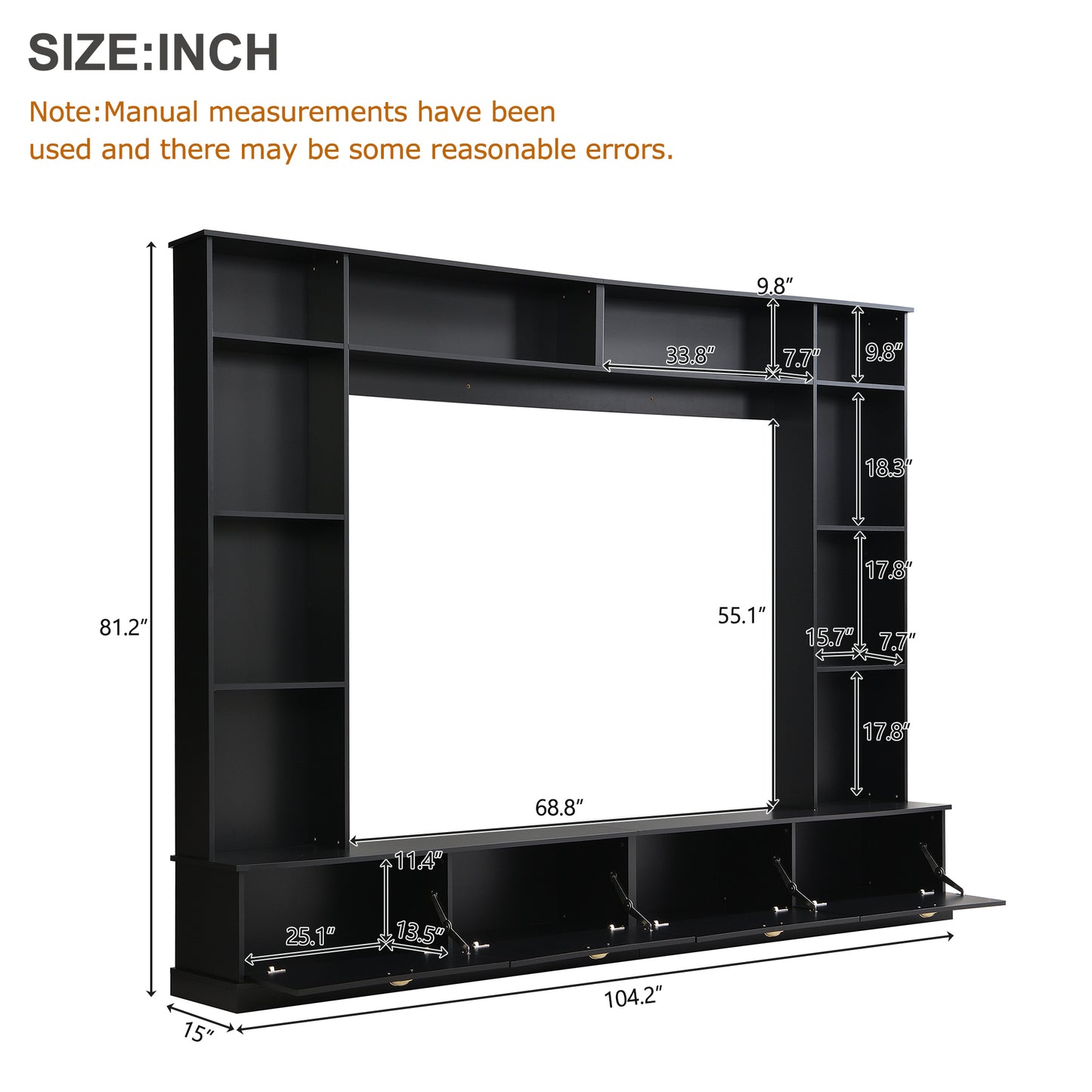 ON-TREND Large Wall Unit Entertainment Center with Bookshelves for TVs Up to 78'', Modern TV Console with Cabinets and Open Shelves, 4-in-1 TV Stand with Golden Handles, Black, 104.2''W*81.2''H