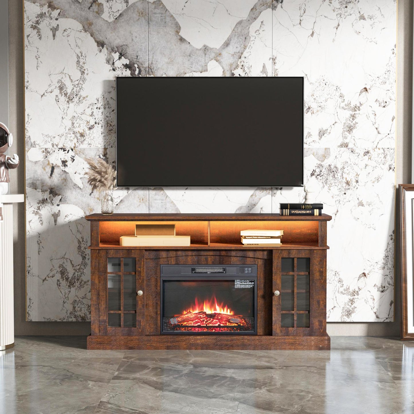 TVstand,media console,storage cabinet,entertainment center,with electronicfireplace,Install theLEDBluetooth band,using the latest infrared heating technology,electronicflame beautiful,safe.color:brown