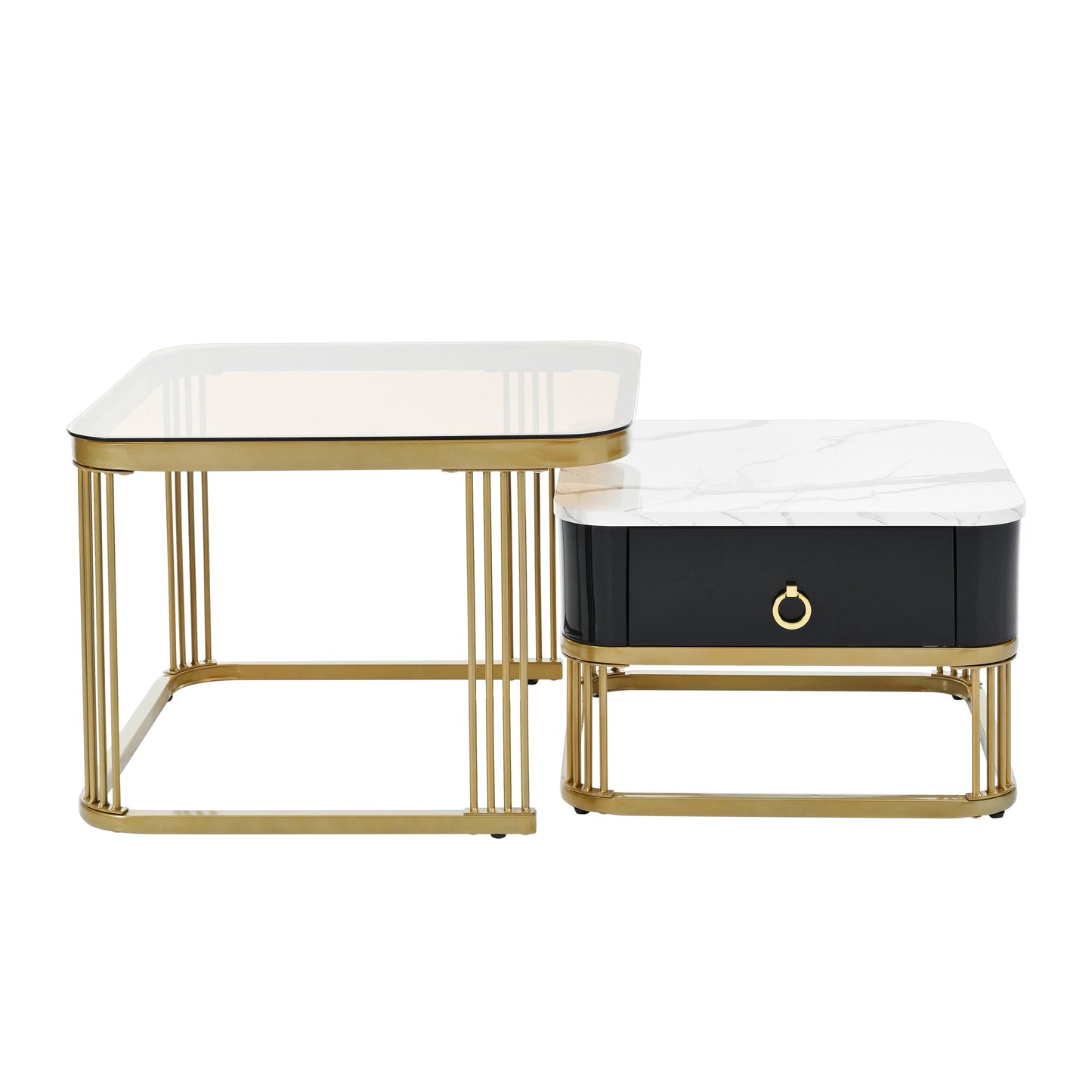 ON-TREND Nesting Coffee Table with Drawer, Set of 2, Exquisite Square Stacking Coffee Tables with Brown Tempered Glass, Side Table with High Gloss Marble Grain Tabletop for Living Room, Black