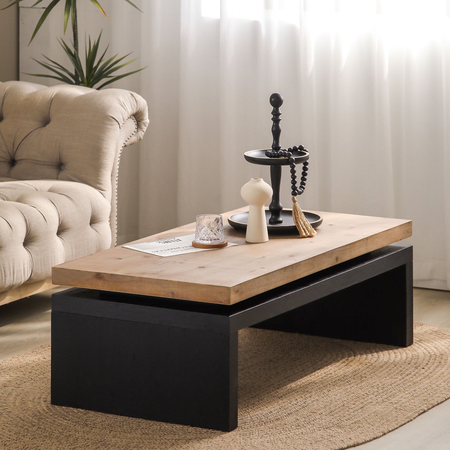 Black and Natural Wood Living Room Table Versatile Coffee Table 2-Tiered Wood Tabletop Table 47.6" L * 23.6" W * 16.3" H