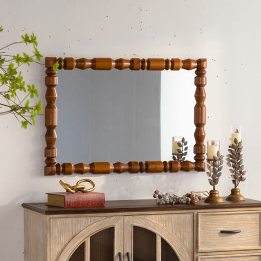 Vintage Wooden Carved Wall Mirror, Decorative Column Frame for Living Room/Entryway Retro Decor