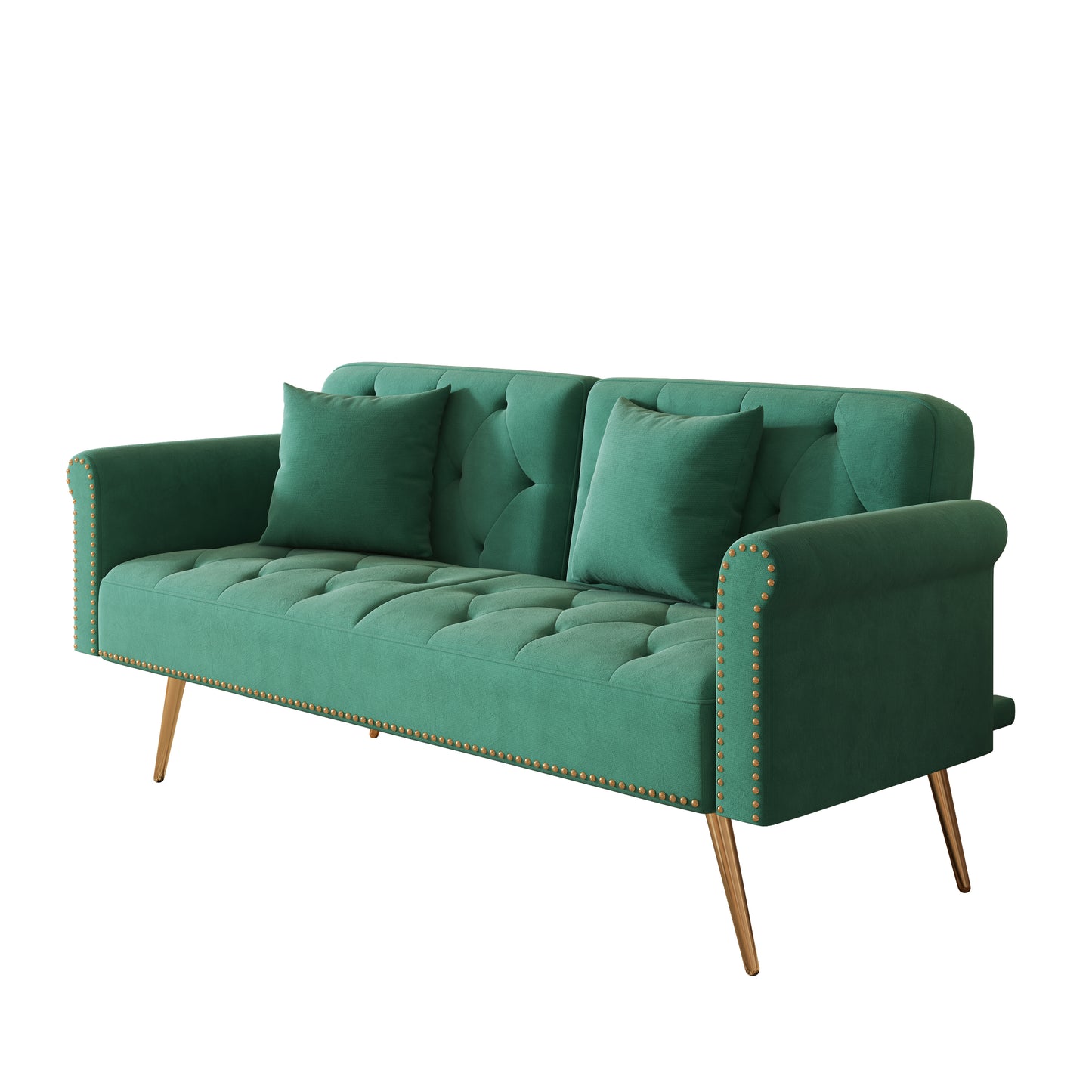 69.7 "green velvet nail head sofa bed with throw pillow