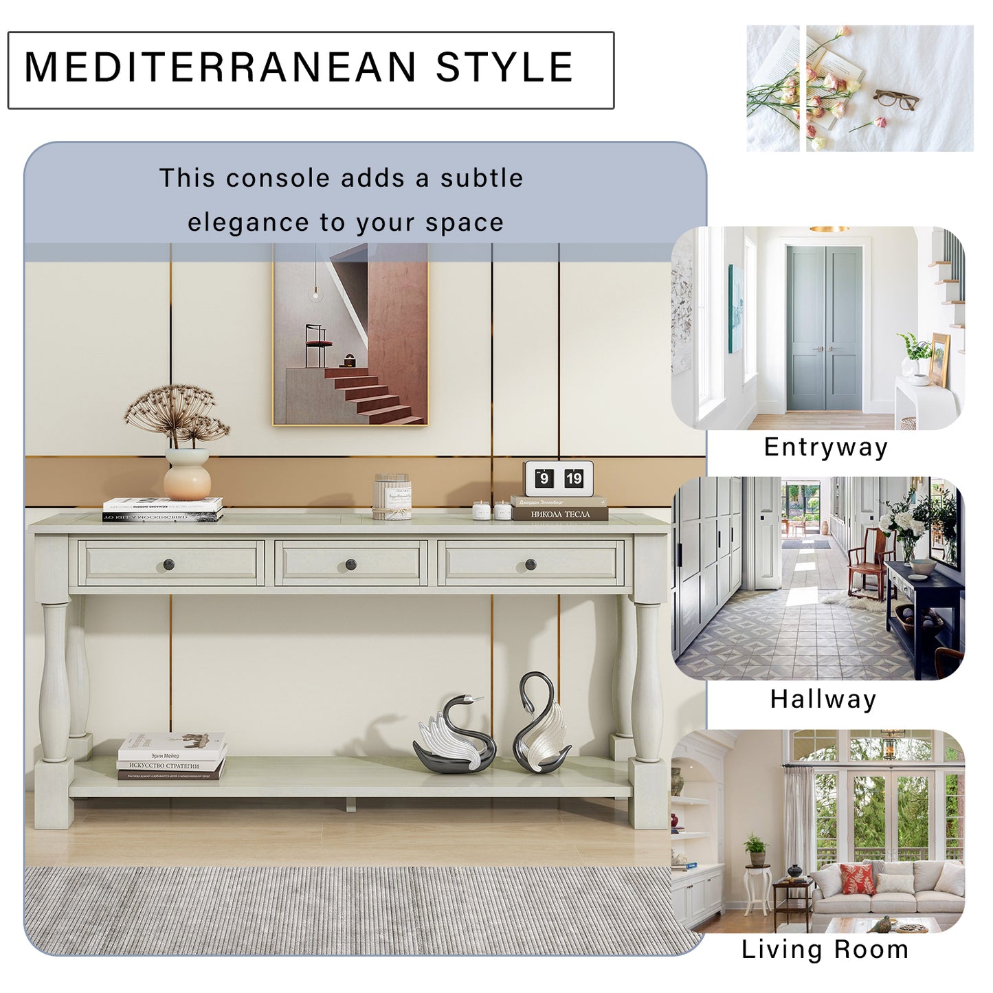 TREXM Console Table 63" Long Console Table with Drawers and Shelf for Entryway, Hallway, Living Room (Antique White, OLD SKU: WF193795AAK)