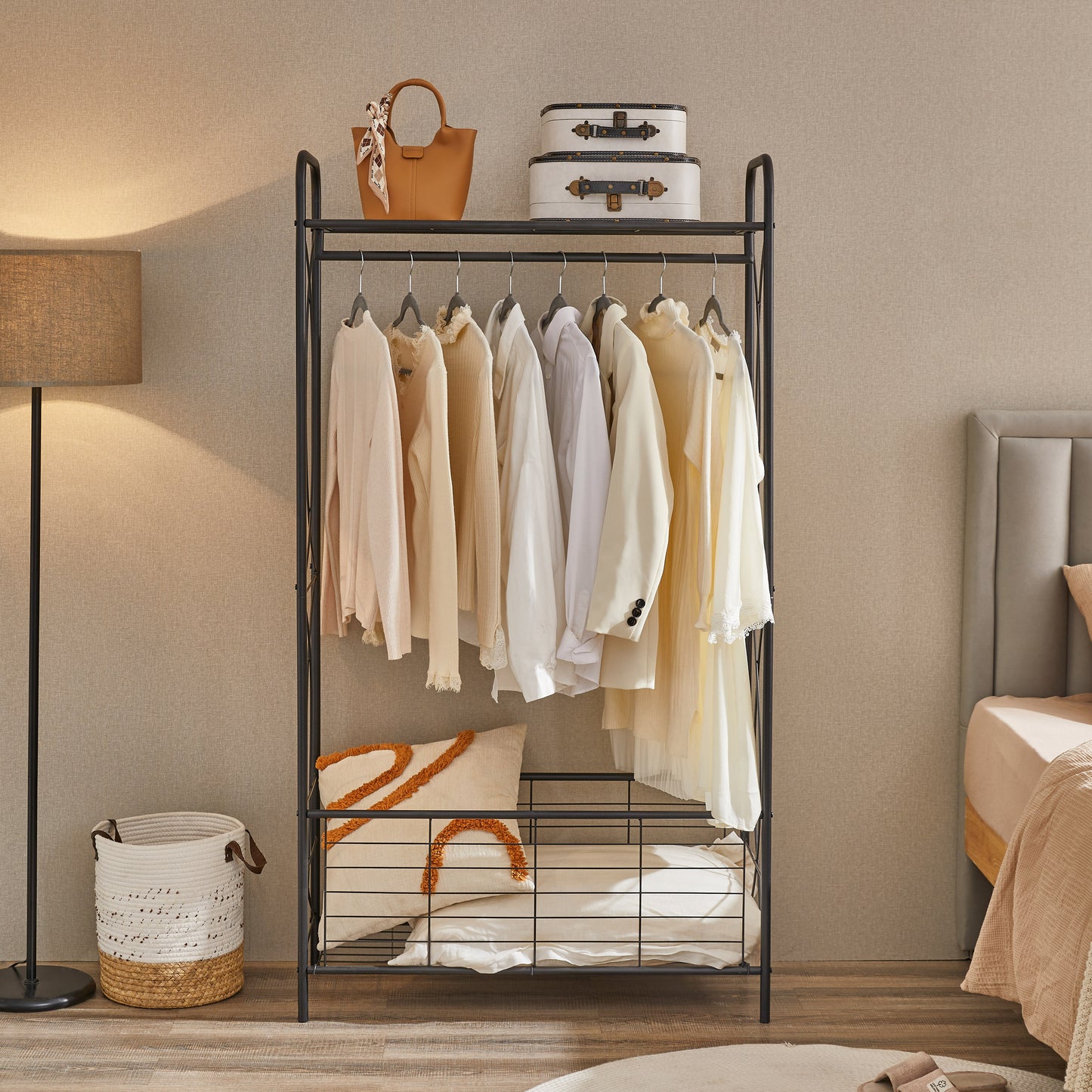 Freestanding Garment Rack, Open-Style Wardrobe, Hanging Rail with Metal Basket, and Heavy-Duty Metal Clothes Rack,Bathroom Storage Shelves