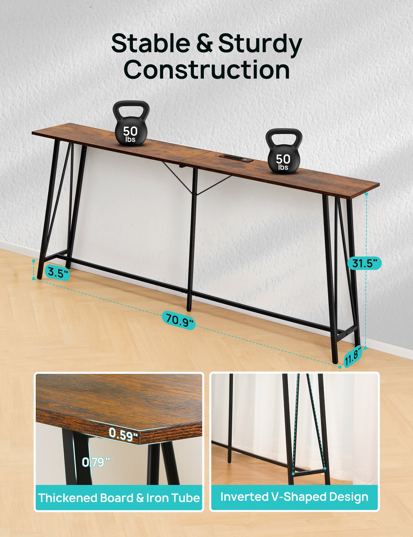 Console Table, 71" Industrial Sofa Table with 3 Outlets and 2 USB Ports