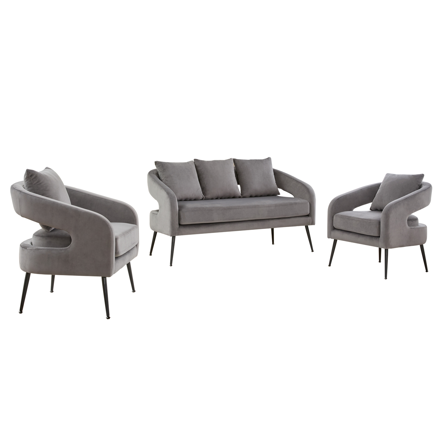 Mid Century Modern Velvet 3-Piece Living Room Set with Metal Legs in Charcoal, Loveseat & 2 Accent Chairs, Upholstered in Soft Velvet, Solid Wood Frame, Round Arms, Black Metal Legs
