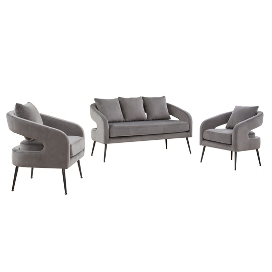 Mid Century Modern Velvet 3-Piece Living Room Set with Metal Legs in Charcoal, Loveseat & 2 Accent Chairs, Upholstered in Soft Velvet, Solid Wood Frame, Round Arms, Black Metal Legs