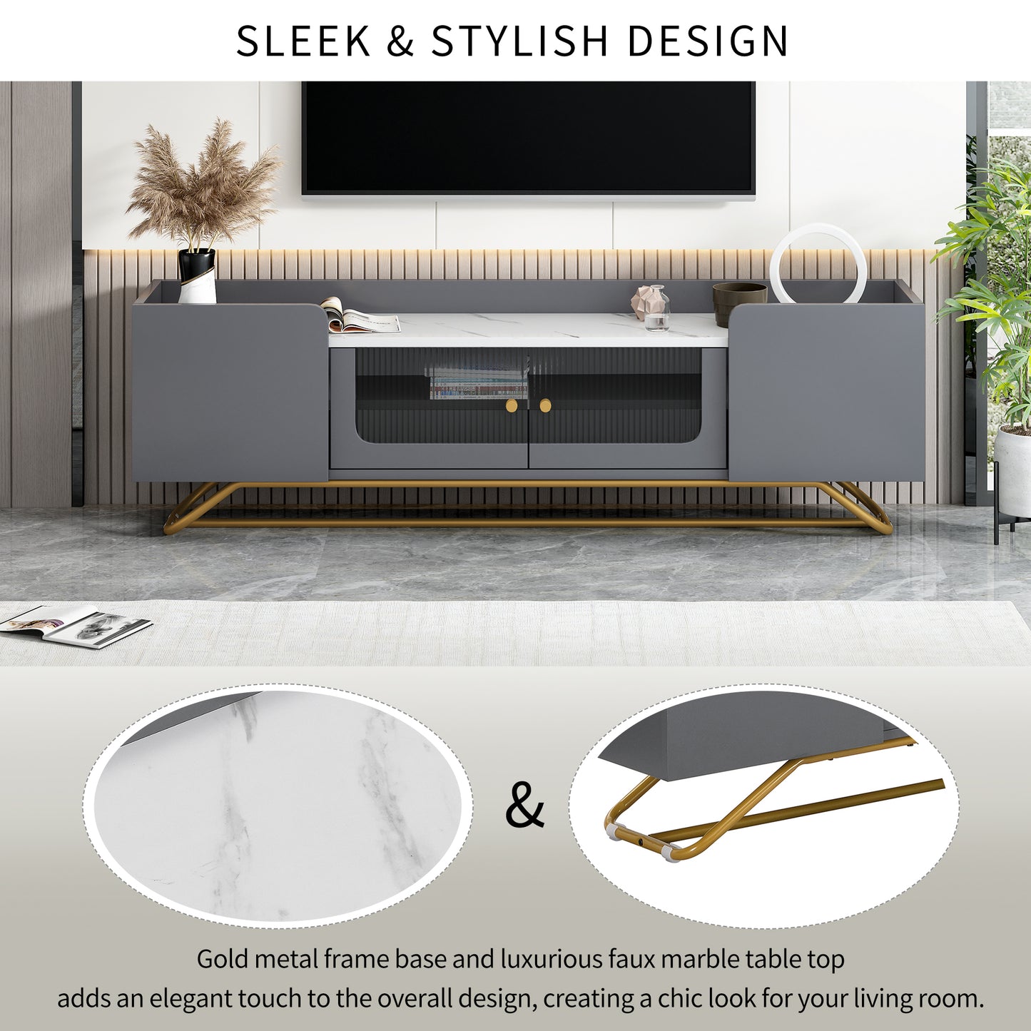 ON-TREND Sleek Design TV Stand with Fluted Glass, Contemporary Entertainment Center for TVs Up to 70", Faux Marble Top TV Console Table with Gold Frame Base, Grey