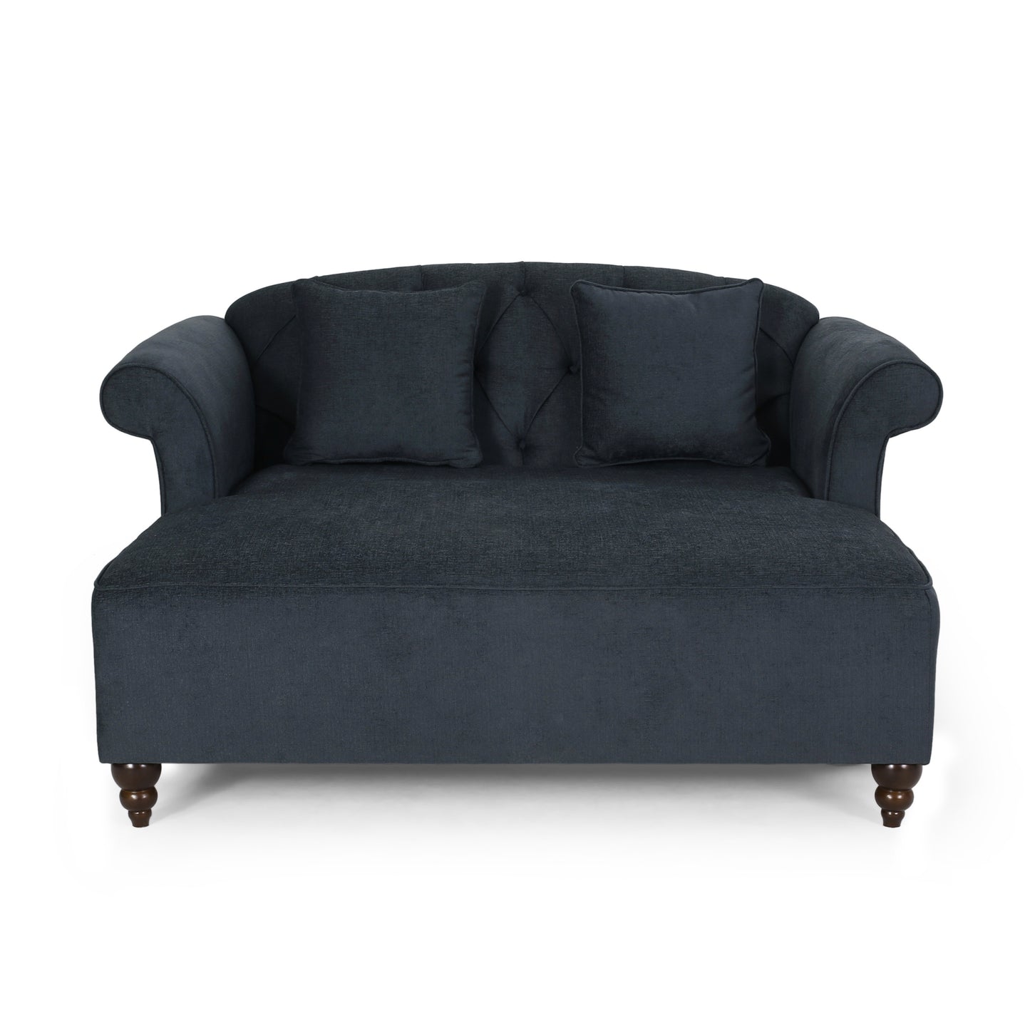 Upholstered Chaise Lounge with Scroll Arms, Turned Legs and 2 Pillows, Charcoal