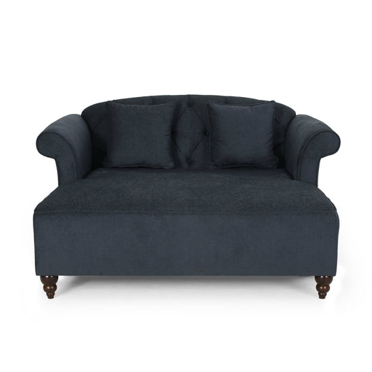 Upholstered Chaise Lounge with Scroll Arms, Turned Legs and 2 Pillows, Charcoal
