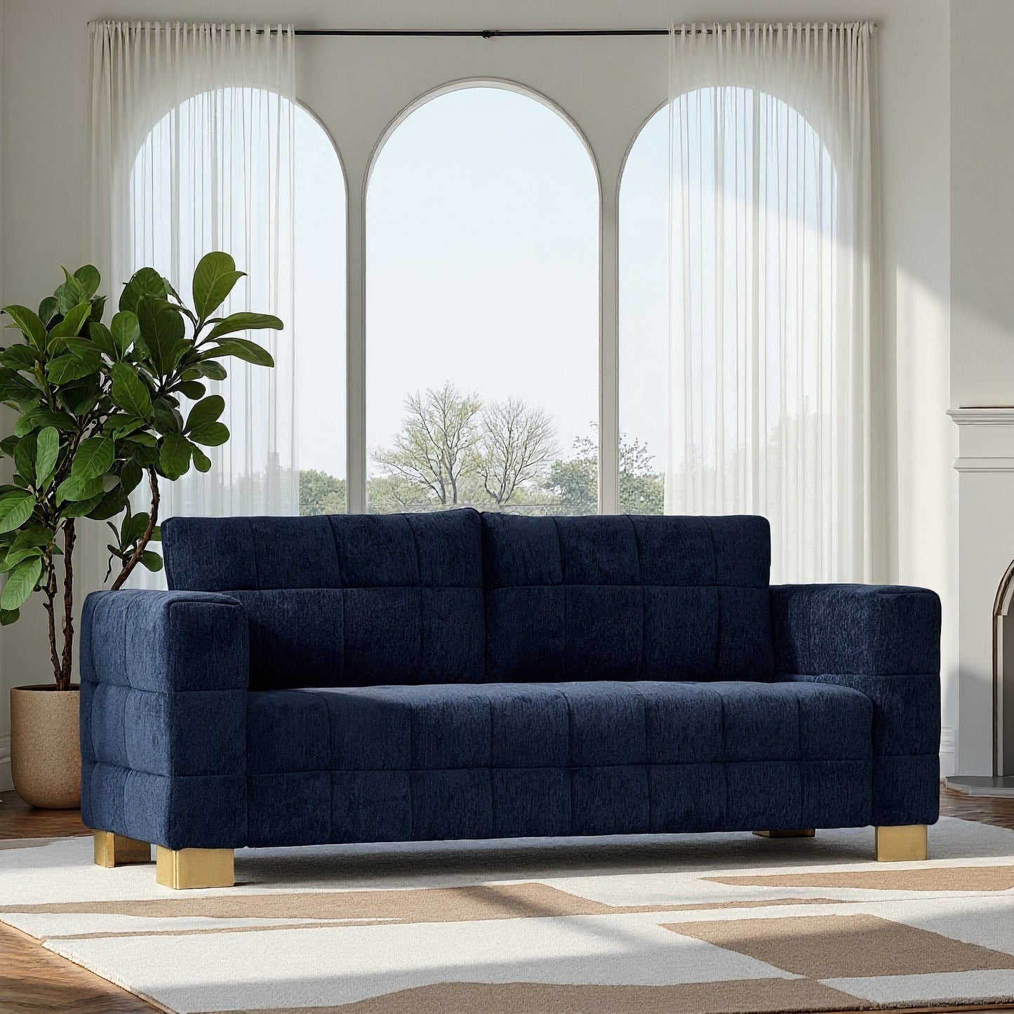 FX-P54-RB SOFA  Retro Blue Chenille Upholstered Couch, Wide-Arm 3-Seater with Custom Stainless-Steel Legs & Tufted Seat  Modern Living Room Sofa for Comfort & Style