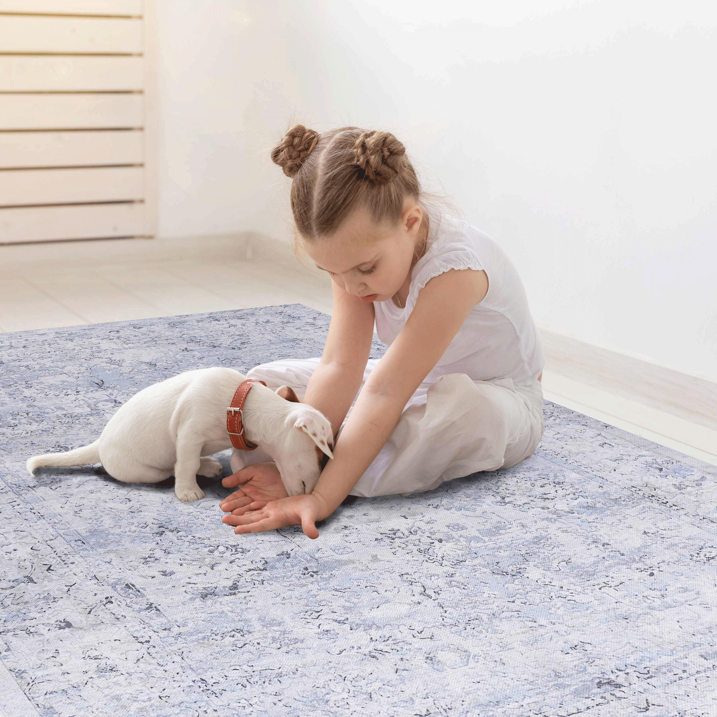 Area Rug, Washable Rug, Low-Pile, Non-Slip, Non-Shedding, Foldable, Kid & Pet Friendly - Area Rugs for living room, bedroom, kitchen, dining room rug - Perfect Gifts, (Blue+Cream, 2'6'' x 10')