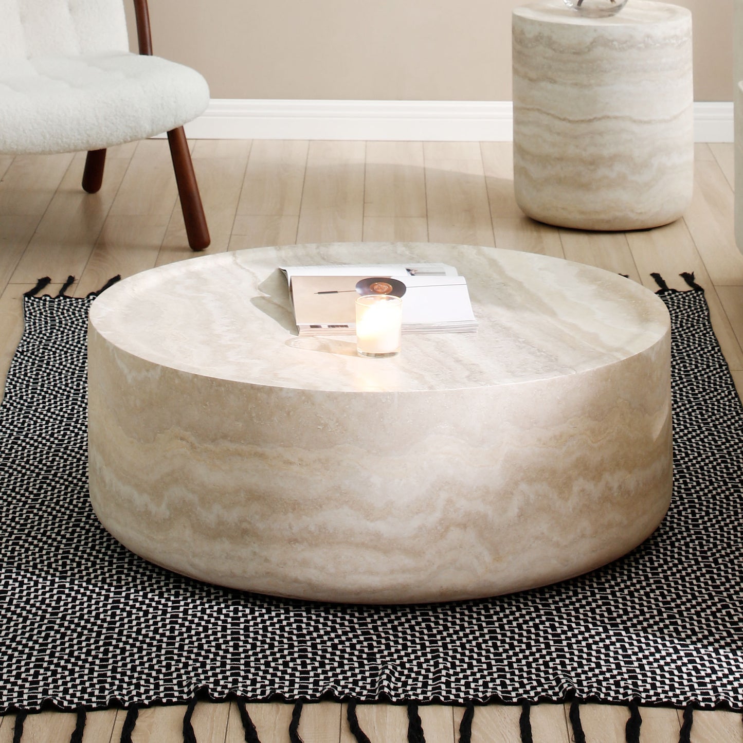 39.37''  Faux MARS Pattern Coffee Tables for Living Room Round Tea  Faux Travertine Textured table for Living Room, No Need Assembly.