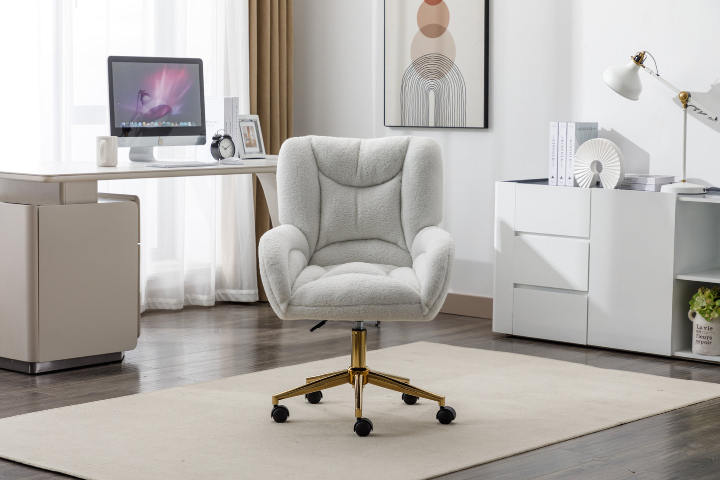 005-Teddy Fabric 360 Swivel Home Office Chair With Gold Metal Base And Universal Wheels,Ivory