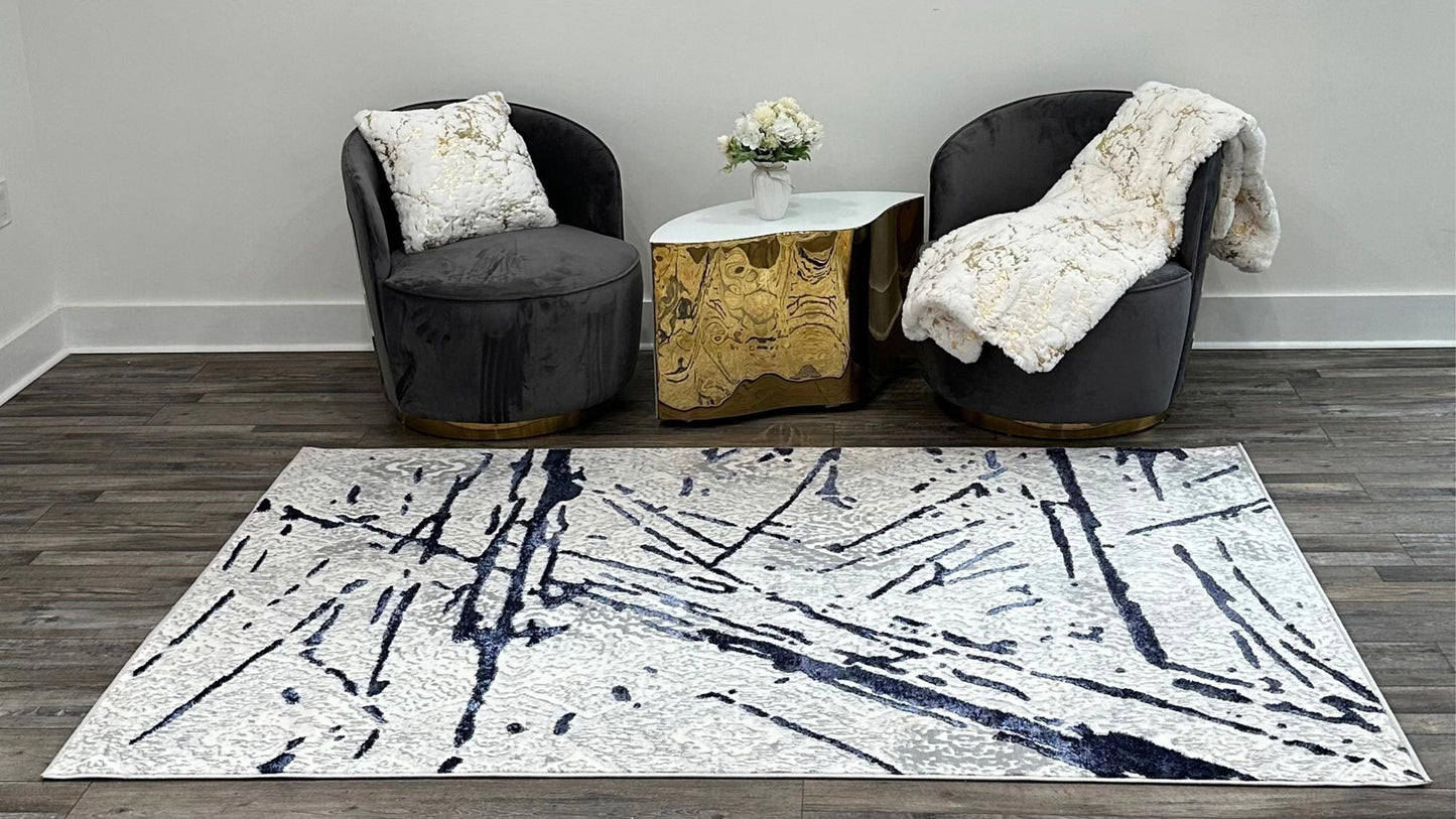 Shifra Luxury Area Rug in Gray with Navy Blue Abstract Design