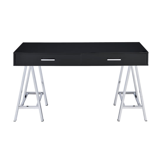 2 Drawers Writing Desk with Metal Base, Black High Gloss and Chrome
