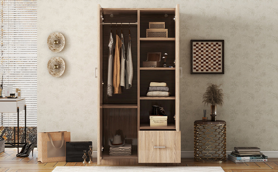 Wooden Wardrobe with Double Doors, Armoire with Hanging Rod, 5 Fixed Shelves, One Storage Drawer,Natural