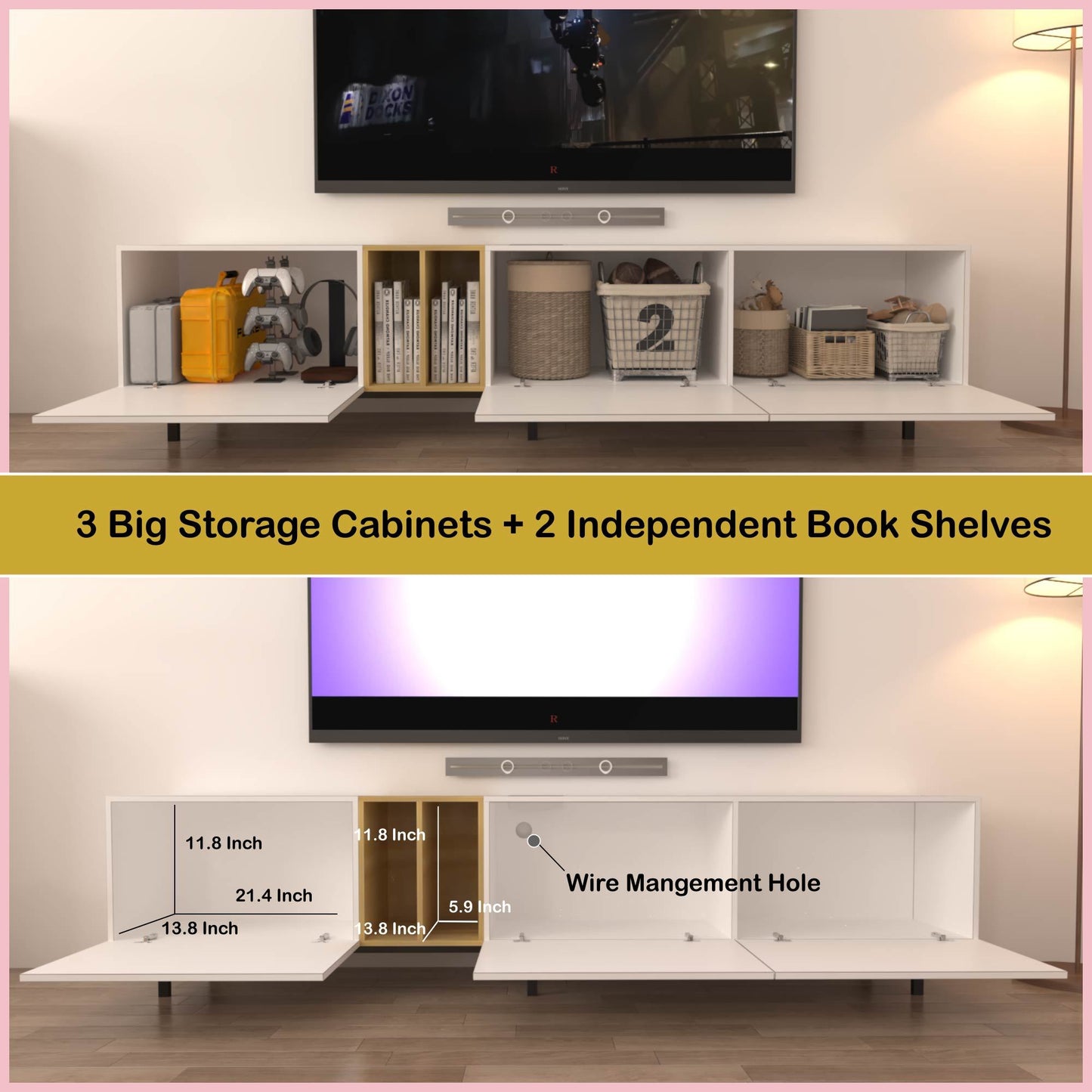 [Video] TV Console with Big Storage Cabinets, Modern TV Stand with Yellow and Ivory Contrasting Colors, Wireless Charging Entertainment Center for Living Room and Bedroom(White, for 80 inches)