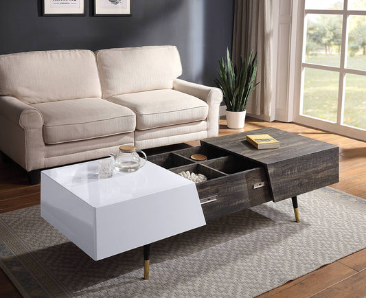 White High Gloss and Rustic Oak Coffee Table with Metal Leg