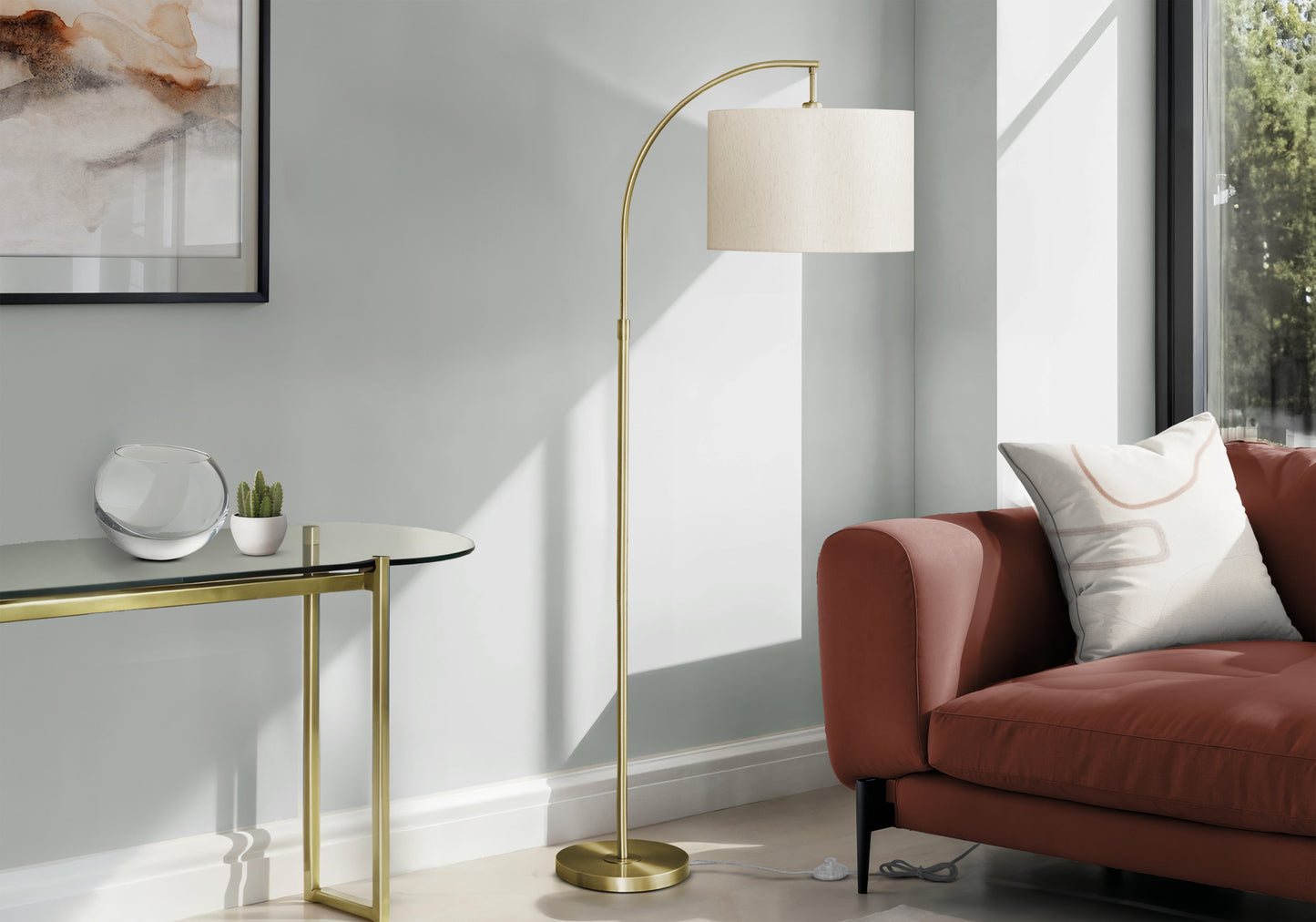 Lighting, 65'h, Floor Lamp, Brass Metal, Ivory / Cream Shade, Contemporary