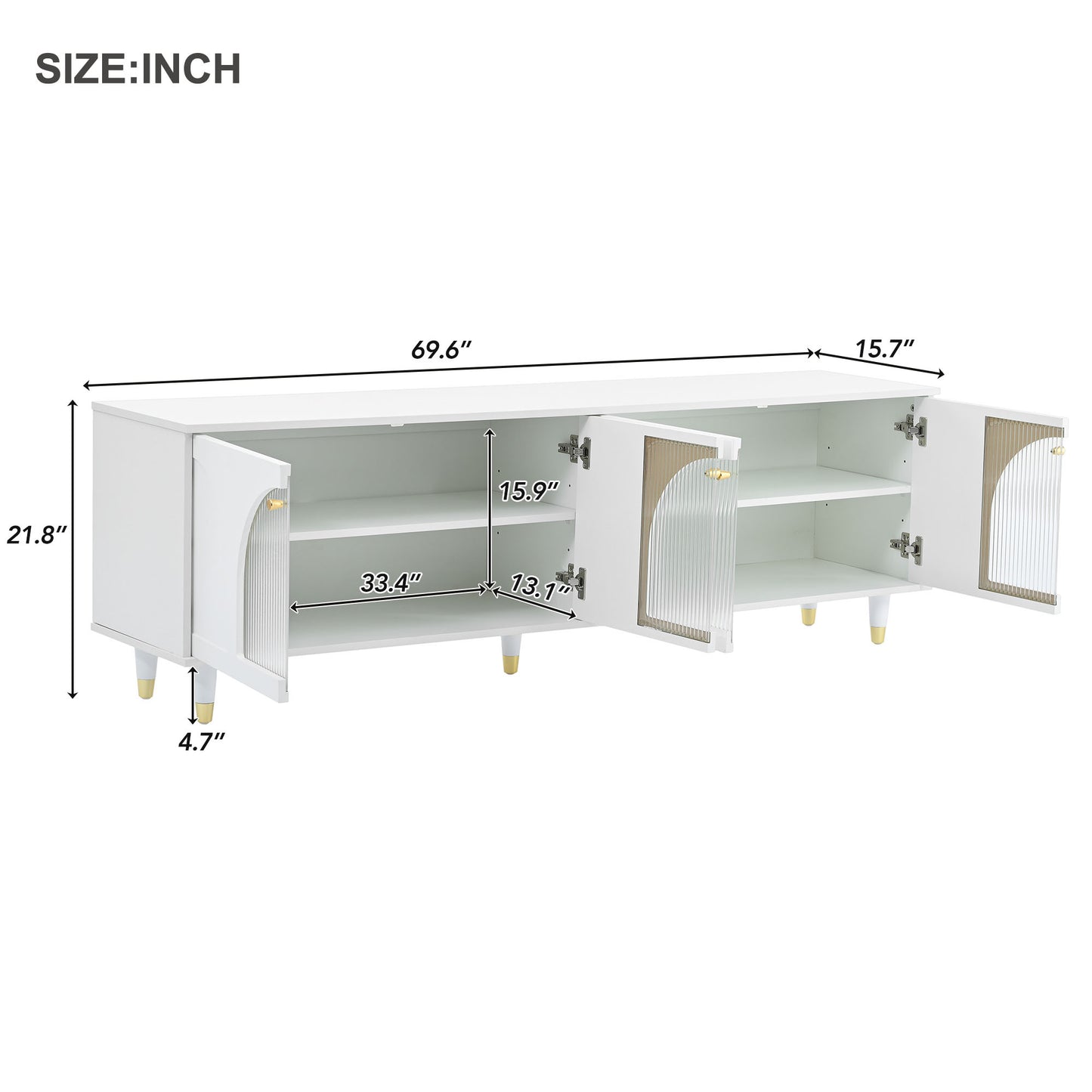 ON-TREND Contemporary TV Stand with Adjustable Shelves for TVs Up to 78'', Stylish Media Console with Gold Handles and Arch Fluted Glass Doors, Delicate Entertainment Center for Living Room, White