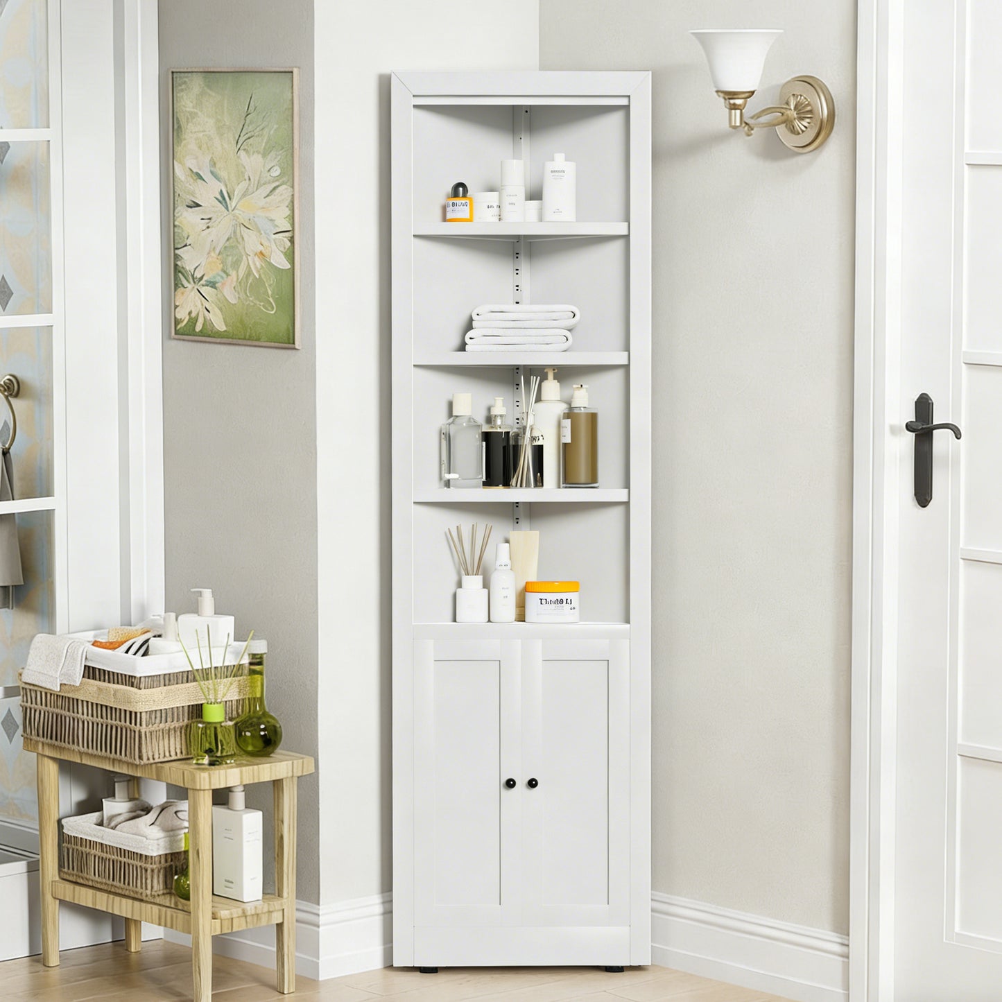 71' Tall Corner Storage Cabinet with 2 Doors, 5-Tier Metal Cabinet with Adjustable Shelves, Freestanding Kitchen Storage for Pantry, Living Room, Bathroom, Laundry Room, Space Saving Furniture, White