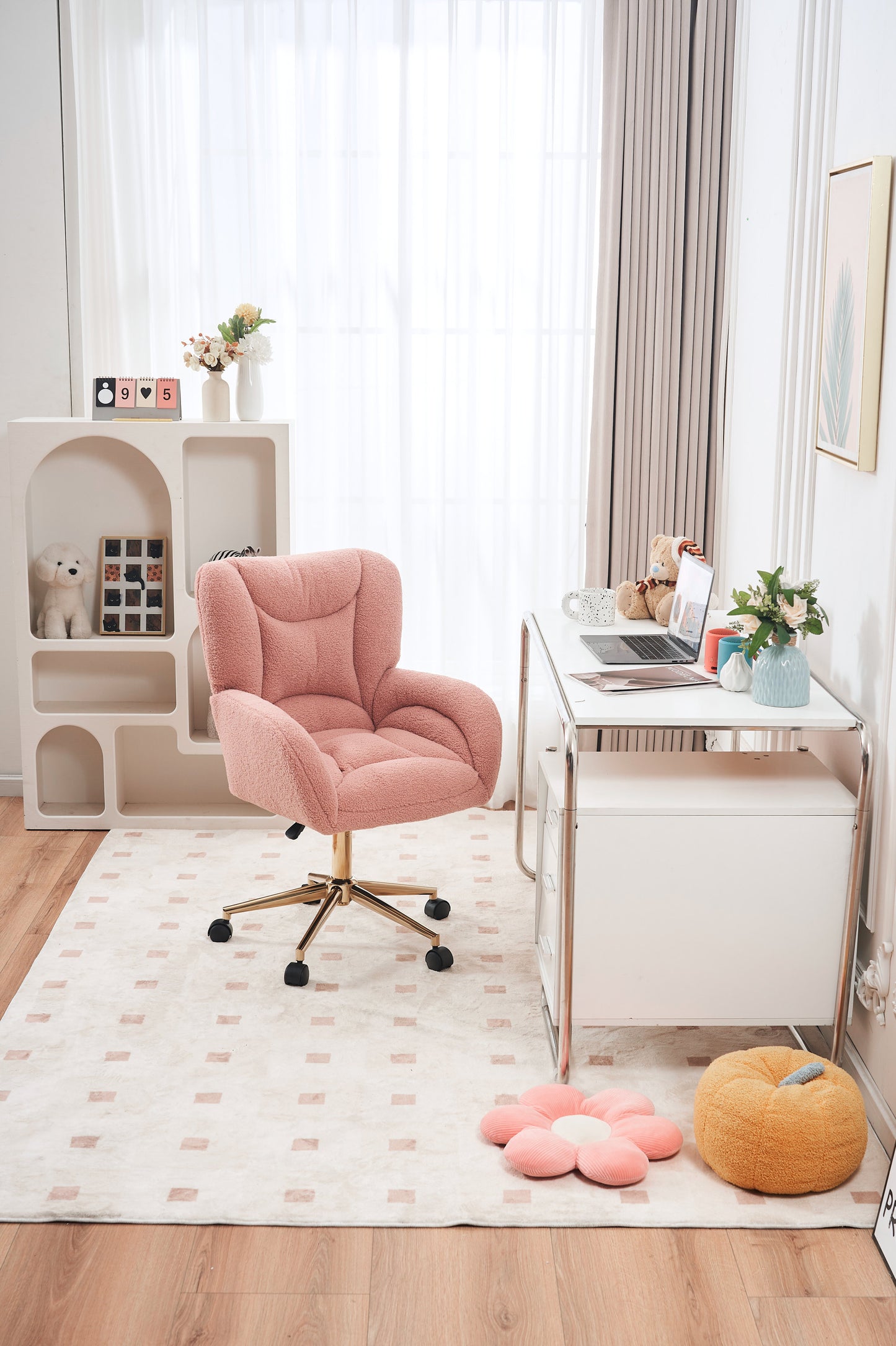 005-Teddy Fabric 360 Swivel Home Office Chair With Gold Metal Base And Universal Wheels,Pink