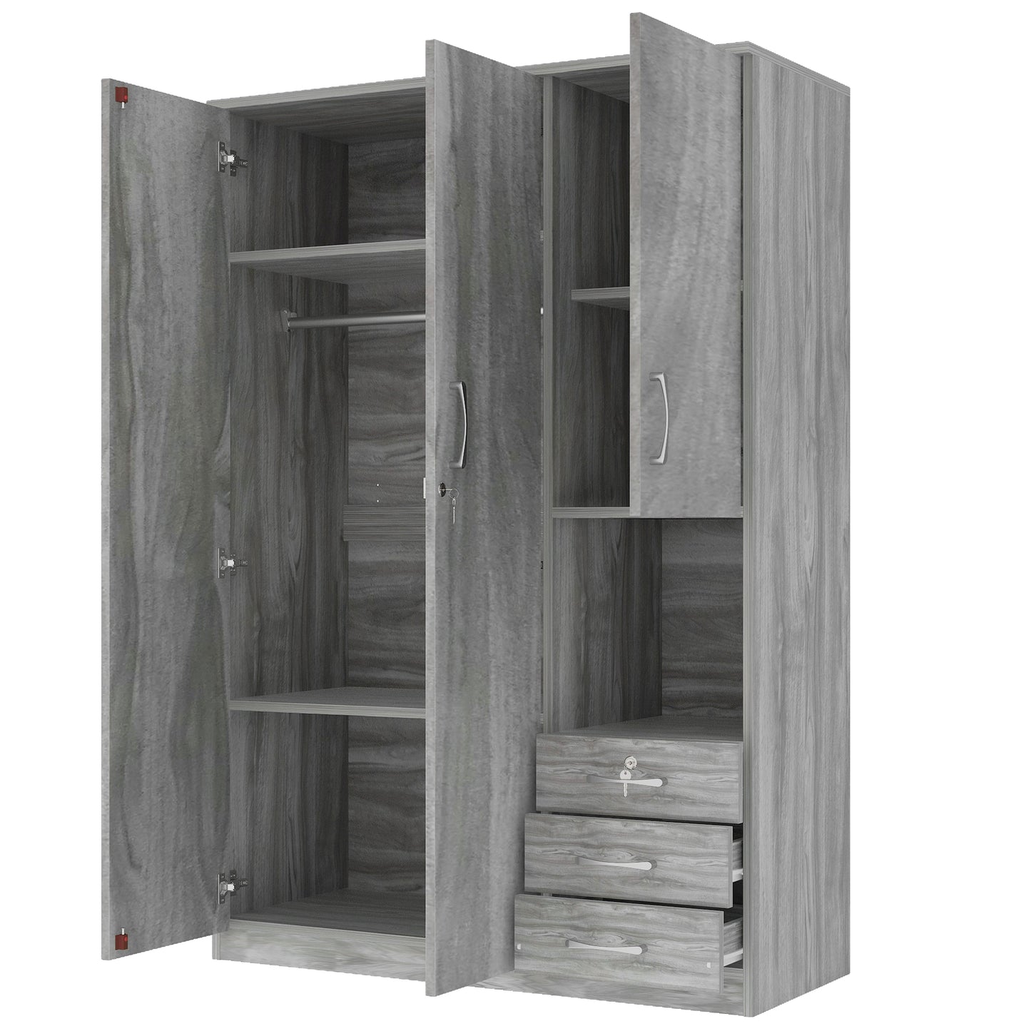 2-Doors Wooden Wardrobe Storage for Bedroom, with Shelves and 3 Drawers, Gray