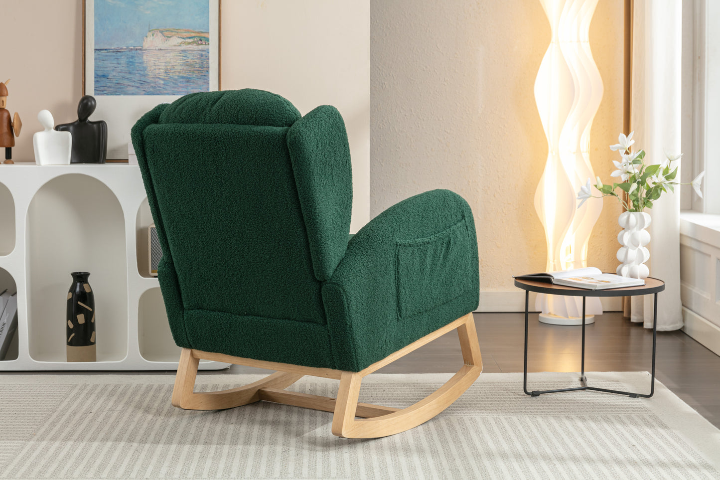 049-Teddy Fabric Rocking Chair With Packet Wood Legs,Green