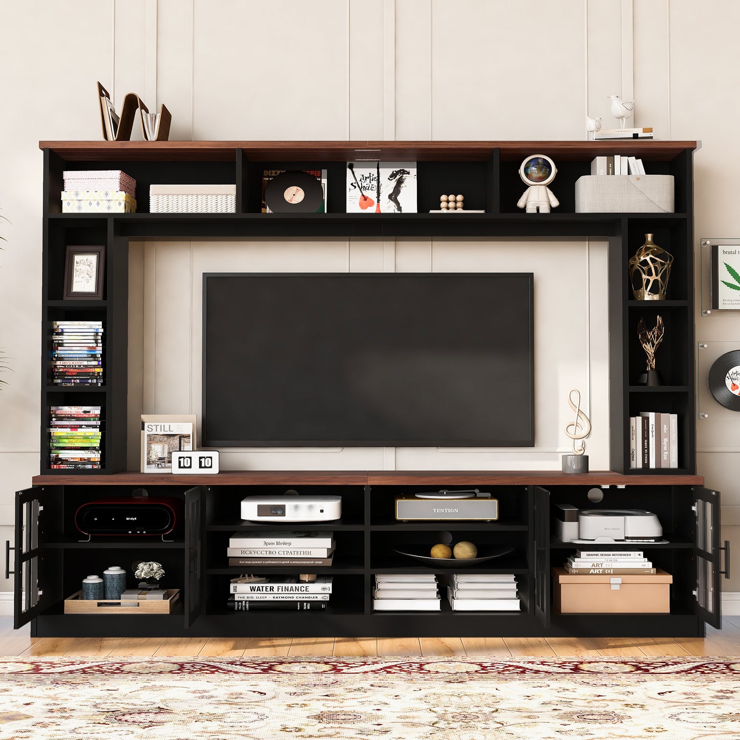 95.5' W Wall Unit Entertainment Center with Bookshelves for TVs up to 80', Modern TV Stand Media Console with Cabinets,  Tempered Glass Doors and Adjustable Shelves for Living Room