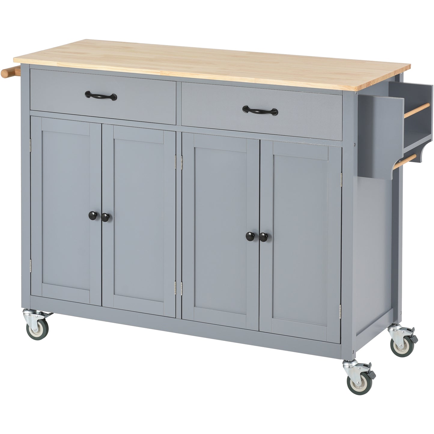 Kitchen Island Cart with Solid Wood Top and Locking Wheels,54.3 Inch Width,4 Door Cabinet and Two Drawers,Spice Rack, Towel Rack (Grey Blue)