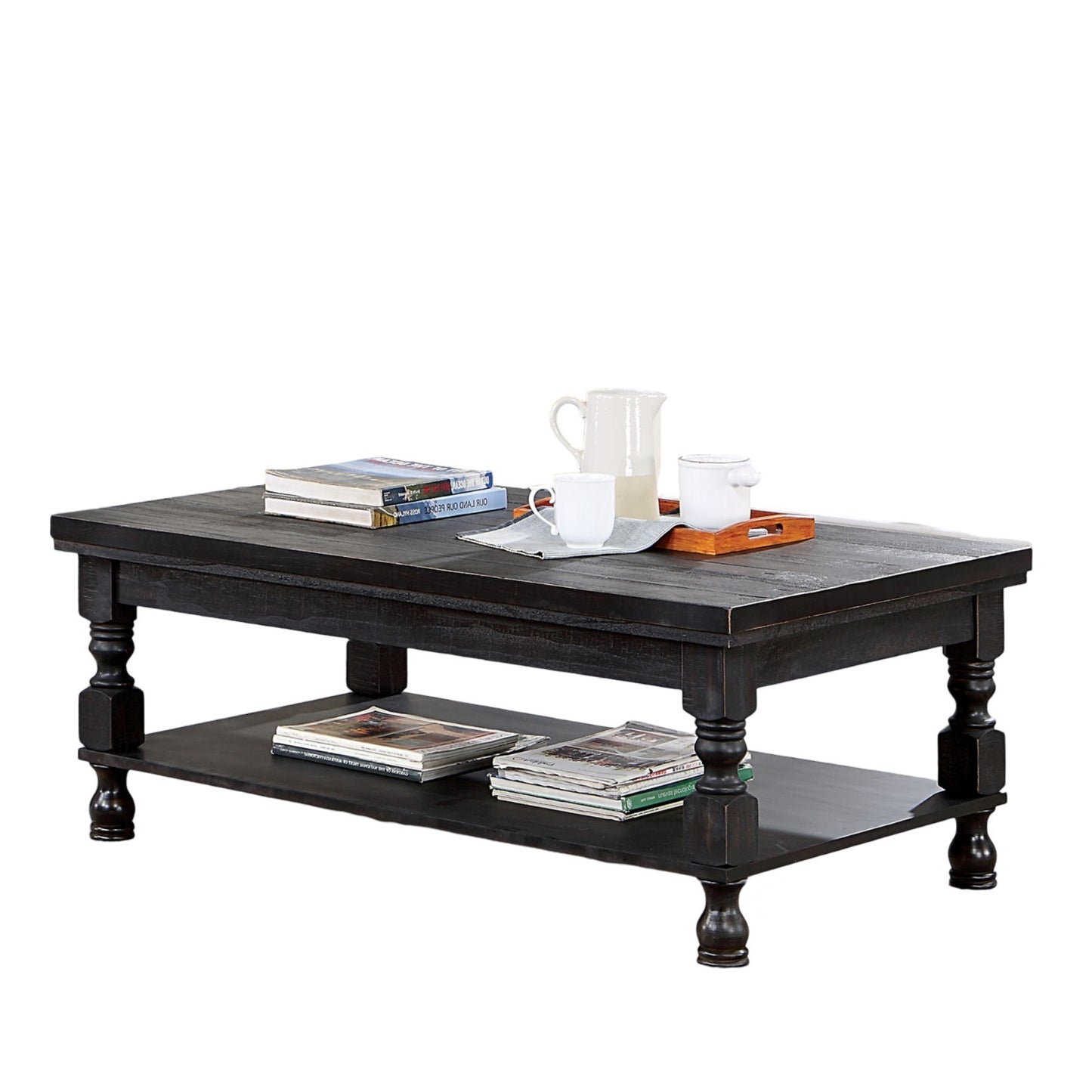 Rustic Style Antique Black 1pc COFFEE TABLE Open Bottom Shelf Plank Style Table Top Living Room Furniture