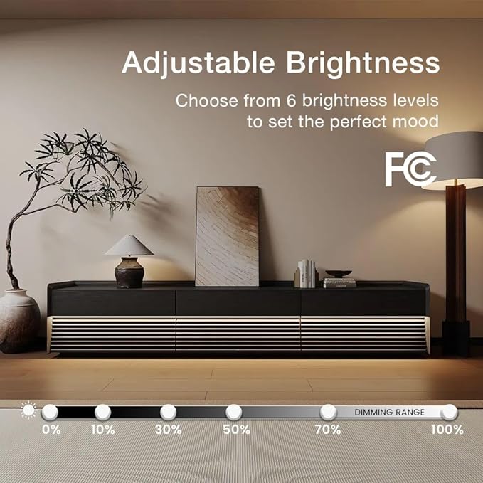 POVISON Fully-Assembled Mid Century Glossy Sintered Stone TV Stand with Legs, Wood Media Console with Adjustable LED Light, Entertainment Center with Storage for Living Room
