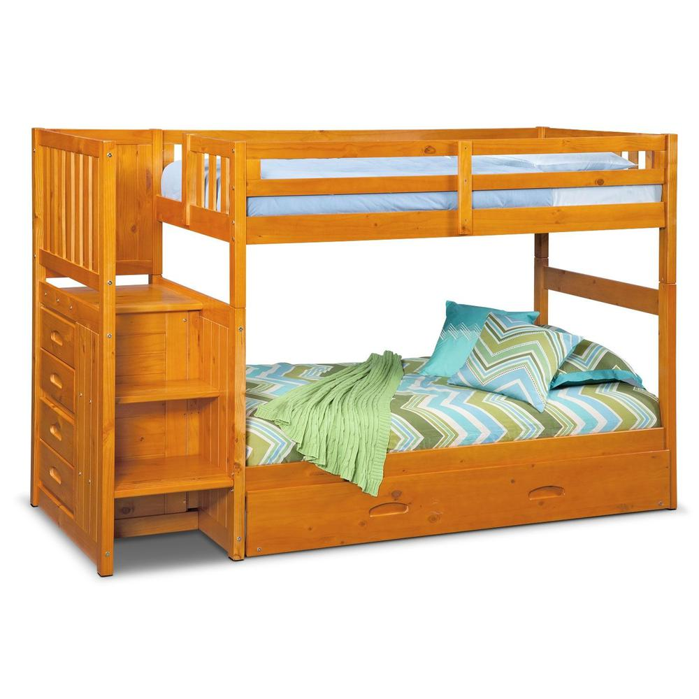 Mission Staircase Twin over Twin Bunk Bed with Four Drawer Chest