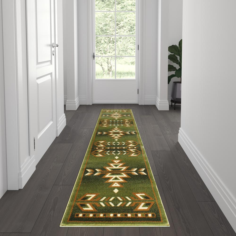 Lodi Collection Southwestern 2' x 7' Green Area Rug - Olefin Rug with Jute Backing for Hallway, Entryway, Bedroom, Living Room