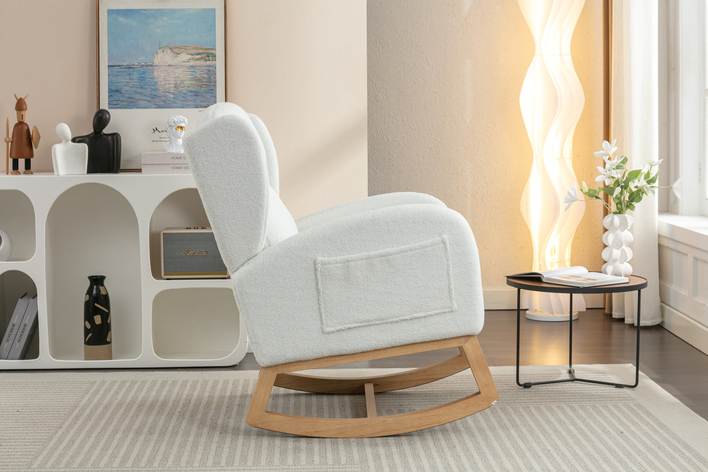 049-Teddy Fabric Rocking Chair With Packet Wood Legs,Ivory