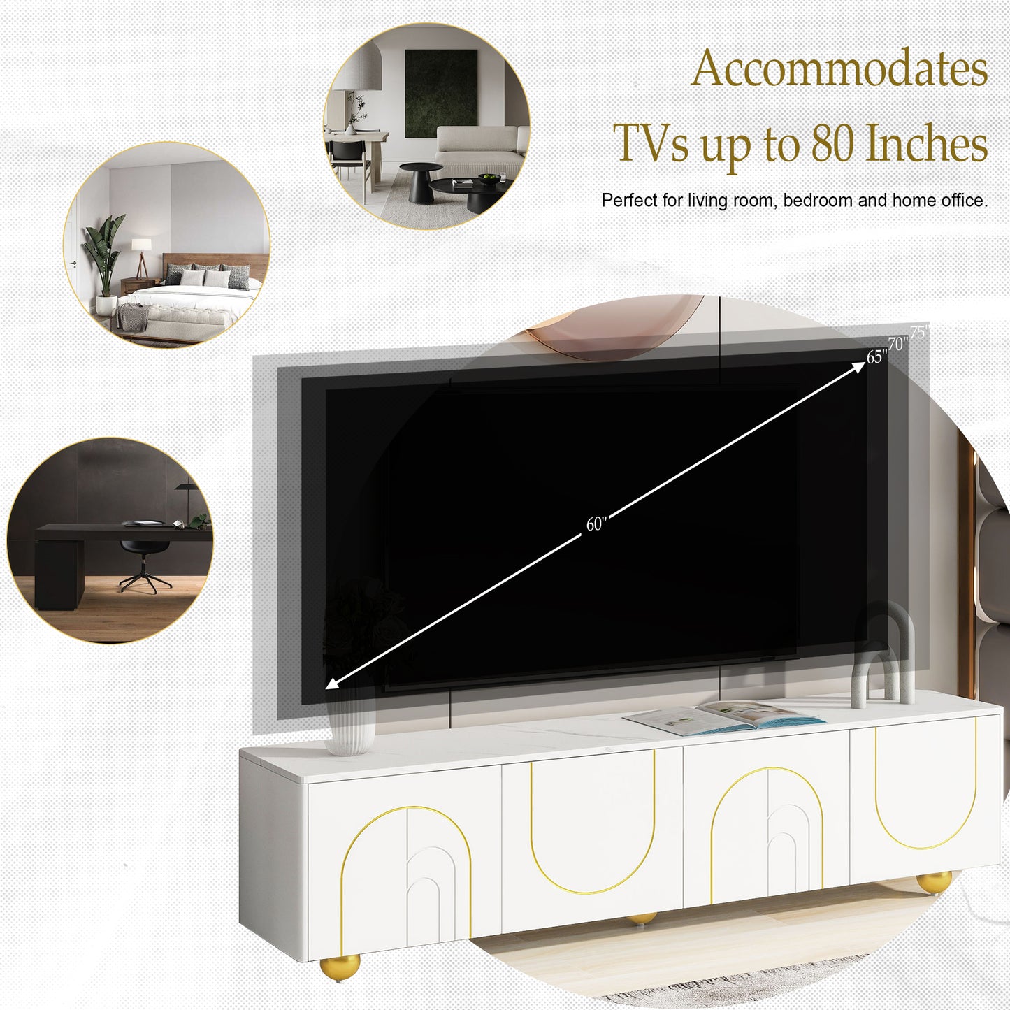 U-Can Modern TV Stand for TVs up to 75 Inches, Entertainment Center with Storage Cabinets and 1 Adjustable Shelf, Media Console with Marble-patterned Top and Golden Round Metal Legs for Living room